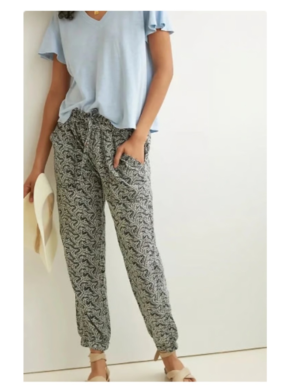 Anthropologie Womens High Waist Linen Joggers Pants XS Printed Black Grey